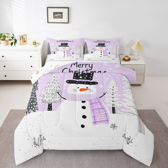 Manfei Cartoon Xmas Snowman King Size Comforter Sets,Happy New Year Bedding Comforter Set,White Purple Black Bedding Set For Kids,Super Cozy Room Decor Reversible,3 Pieces