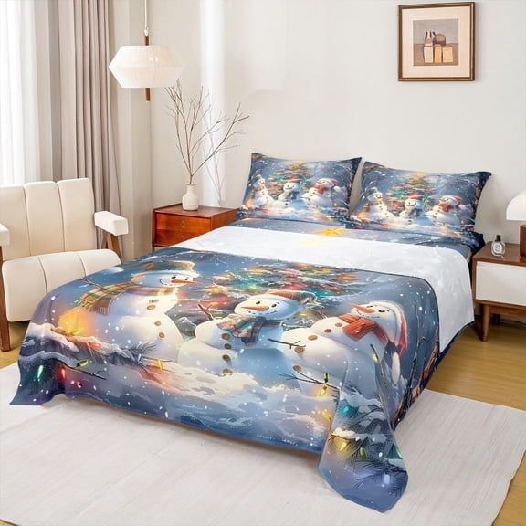 Manfei Cartoon Xmas Snowman Twin Sheet Sets,Chic Xmas Tree Twin Fitted Sheet,White Blue Flat Sheet For Kids,Super Cozy Room Decor,3-Piece