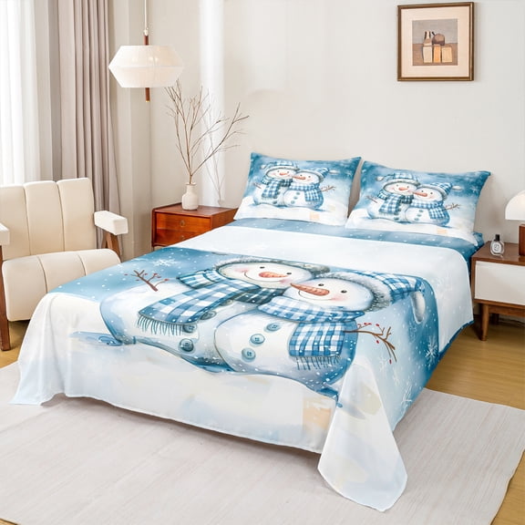 Manfei Cartoon Xmas Snowman Twin Sheet Sets,Happy New Year Twin Fitted Sheet,White Blue Flat Sheet For Kids,Super Cozy Room Decor,3 Pieces