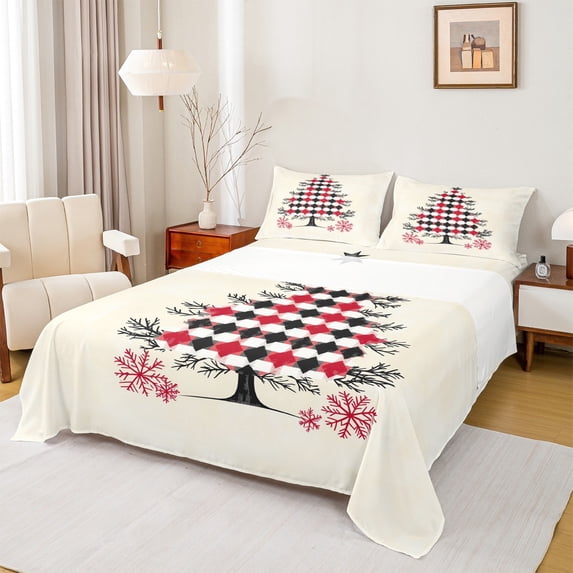 Manfei Cartoon Xmas Tree Bed Sheets,Modern Geometric Rhombus King Sheets,Red Black Beige Sheet Set For Girls Teens,Ultra Soft Home Decor,4 Pieces