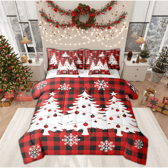 Manfei Cartoon Xmas Tree Bedding Comforter Set 7pcs for Kids, Black Red Buffalo King Bedding Sets, Christmas Snowflake Print Reversible Bed Sheets, Breathable Home Decor