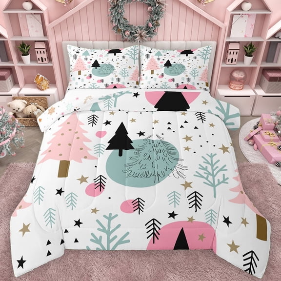 Manfei Cartoon Xmas Tree Bedding Comforter Set for Boys, Magic Christmas Stars Twin Comforter Sets, Rustic Plant Botanical Reversible Bedding Set, Breathable Home Decor, 2-Piece