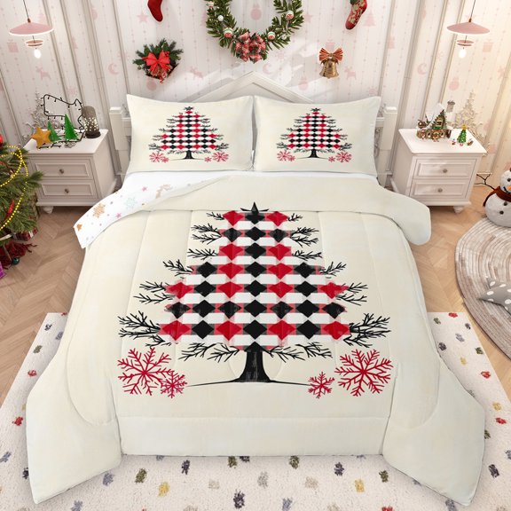 Manfei Cartoon Xmas Tree Bedding Comforter Set,Modern Geometric Rhombus Twin Comforter Sets,Red Black Beige Bedding Set For Girls Teens,Ultra Soft Home Decor Reversible,2 Pieces