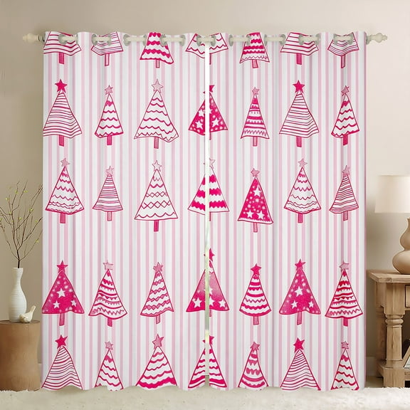 Manfei Cartoon Xmas Tree Black Out Curtains,Merry Christmas Curtains Pack of 2 (42x63 Each),Pink Geometric Striped Bedroom Curtains For Girls Kids,Super Cozy Room Decor