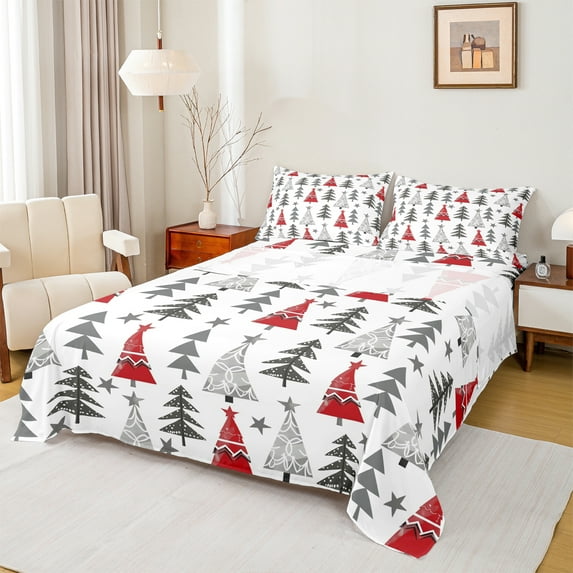 Manfei Cartoon Xmas Tree Full Size Sheets, Merry Christmas Bed Sheets, Rustic Farmhouse Plant Sheet Sets, Lightweight Room Decor, 4-Piece