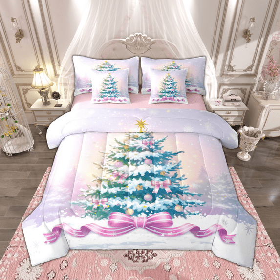 Manfei Cartoon Xmas Tree Twin Bedding Sets 7 Pieces, Merry Christmas Bedding Comforter Set, Pink Purple Bow Knot Sheet Sets for Girls, Breathable Home Decor