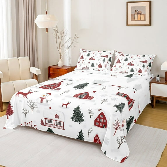 Manfei Cartoon Xmas Tree Twin Sheet Sets, Merry Christmas Twin Fitted Sheet, Princess Fairy Tale Flat Sheet, Super Cozy Room Decor, 3-Piece