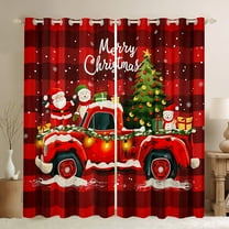 Manfei Cartoon Xmas Truck Black Out Curtains, Santa Claus Tree Snowman Curtains Pack of 2 (42x63 Each), Red Black Plaid Chekcered Bedroom Curtains, Luxurious Home Decor
