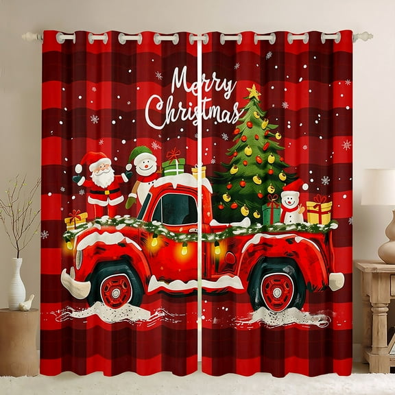Manfei Cartoon Xmas Truck Black Out Curtains, Santa Claus Tree Snowman Curtains Pack of 2 (42x63 Each), Red Black Plaid Chekcered Bedroom Curtains, Luxurious Home Decor
