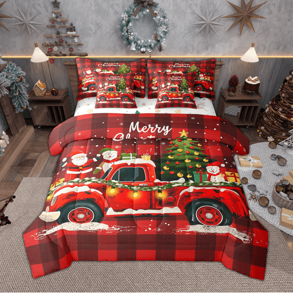 Manfei Cartoon Xmas Truck Twin Bedding Sets 7 Pieces, Santa Claus Tree Snowman Bedding Comforter Set, Red Black Plaid Chekcered Sheet Sets, Breathable Home Decor