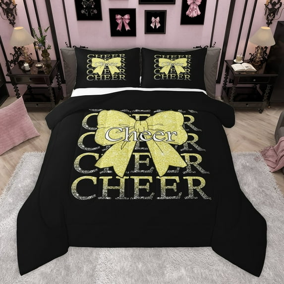 Manfei Cartoon Yellow Bowknot 2pcs Bedding Comforter Set for Female Girls Child,Gradient Bling Glitter Twin Comforter Sets,Cheer Team Breathable Bedding Set,Super Cozy Room Decor,Reversible