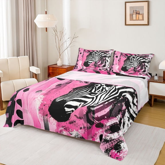 Homewish Cartoon Zebra Animal Twin Sheet Sets, Black Pink Stripes Twin Fitted Sheet, Vintage Oil Printing Flat Sheet, SBreathable Home Decor, 3 Pieces