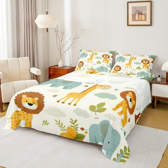 Manfei Cartoon Zoo Animal Queen Sheet Sets for Boys Girls, Giraffe Lion Elephant Flat Sheet, Woodland Wildlife Queen Fitted Sheet, Luxury Bedroom Decor 4 Pieces