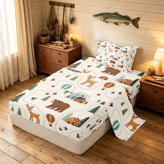 Manfei Cartoon Zoo Wildlife Twin Sheets, Western Cottage Bedding, White Brown, 3 Pieces, 1 Flat Sheet, 1 Fitted Sheet and 1 Pillowcase