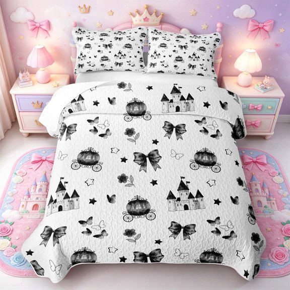 Manfei Castle Print Bed Spread Queen,Timeless Butterfly Queen Coverlet Set,3pcs,1 Quilt and 2 Pillowcases