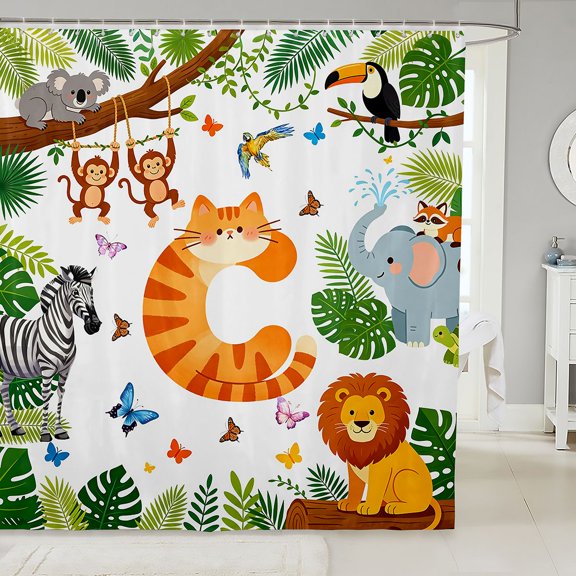 Manfei Cat Initial C Shower Curtain 72Wx72L, Kawaii Tropical Lion Bathroom Curtain, Green White