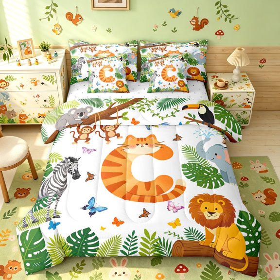 Manfei Cat Initial C Twin Bedding, Kawaii Tropical Lion Bedding Comforter Set, Green White, Reversible, 7-Piece