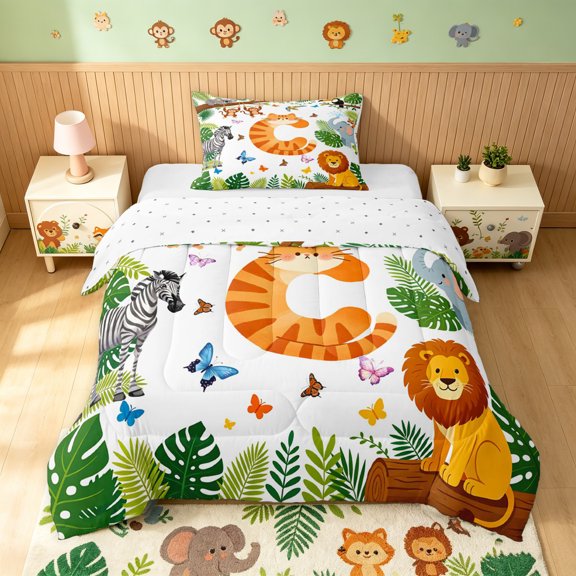 Manfei Cat Initial C Twin Comforter Sets, Kawaii Tropical Lion Bedding Set, Green White, Reversible, 2-Piece, 1 Comforter and 1 Pillowcase