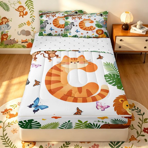 Manfei Cat Initial C Zipper Twin Comforter Sets with Fitted Sheet and 2 Pillowcases, Kawaii Tropical Lion Zipper Bedding Set, Green White, Reversible, 4-Piece
