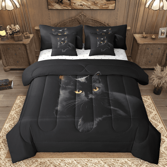 Manfei Cat Kitten Bedding Comforter Set 7pcs, Black King Bedding Sets, Animal Pet Theme Bed Sheets, Lightweight Room Decor
