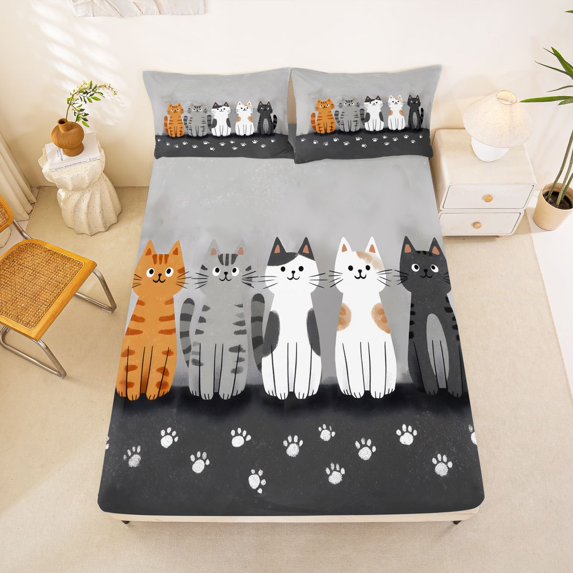 Manfei Cat Kitten Fitted Sheet Full, Cute Paw Footprint Bed Set, Black Gray, 3 Pieces, 1 Fitted Sheet and 2 Pillowcases