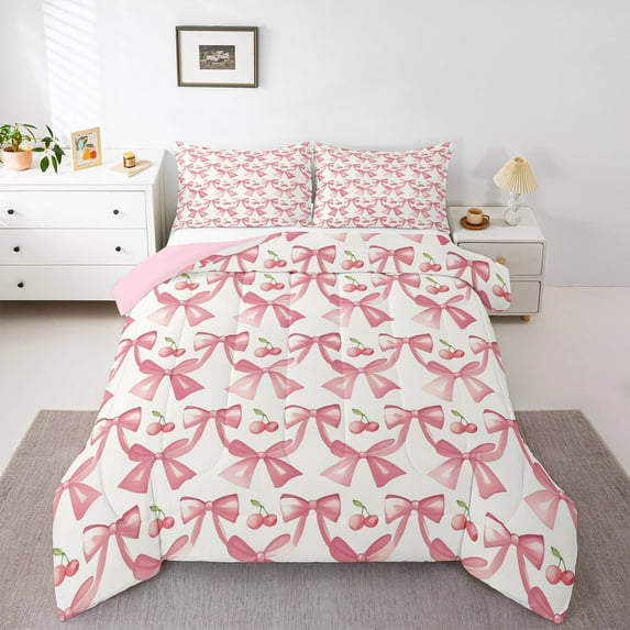 Manfei Catroon Bowtie Bedding Queen Comforter Set,Fruit Cherry Down Comforter,Pink White Bedding Sets Queen with Comforter For Girls,Super Cozy Bedroom Decoration Reversible,3 Pieces