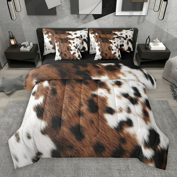 Manfei Cattle Hide Cowhide Twin Bedding Sets 7-Piece,Rustic Farmhouse Cabin Bedding Comforter Set,Brown White Black Sheet Sets For Children,Breathable Home Decor Reversible