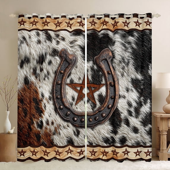 Manfei Cattle Hide Pattern Black Out Curtains,Country Farmhouse Curtains Pack of 2 (42x63 Each),Rustic Horseshoe Texas Stars Bedroom Curtains For Men Women,Ultra Soft Home Decor