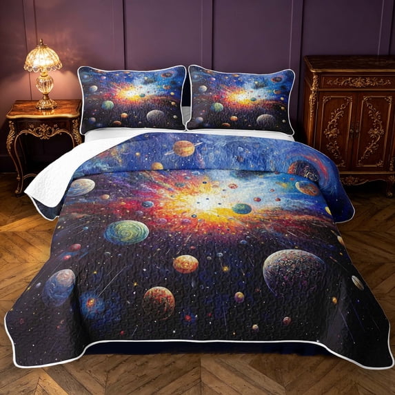 Manfei Celestial Colorful Planets Bed Spread Queen,Glowing Space Nebula Queen Coverlet Set,Blue Orange,Black Reversible,3 Pieces,1 Quilt and 2 Pillowcases
