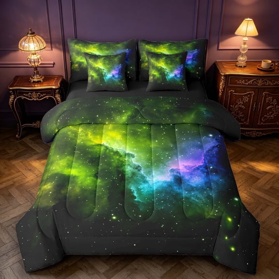 Manfei Celestial Cosmic 7-Piece Twin Bedding,Glowing Stars Bedding Comforter Set,Green Purple,Black Reversible