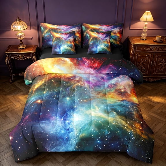 Manfei Celestial Cosmic Clouds 7-Piece King Bedding,Glowing Stars Dots King Bed in a Bag,Multicolor,Black Reversible