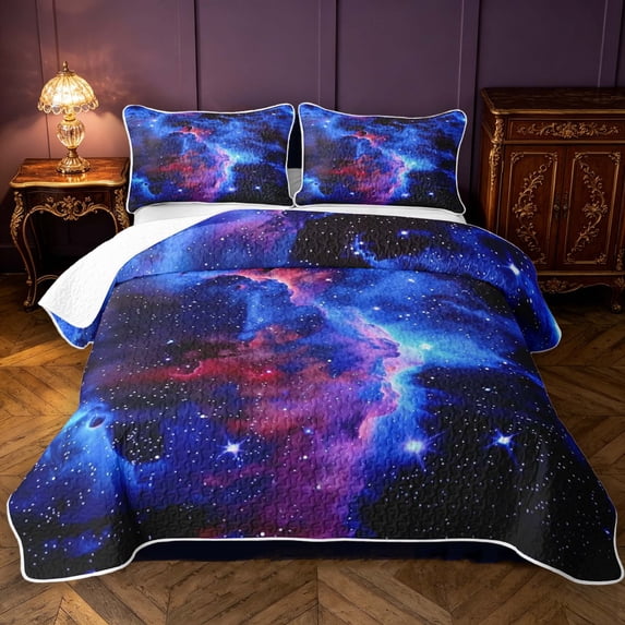 Manfei Celestial Cosmic Clouds Twin Quilt Set,Glowing Stars Twin Coverlet Set,Blue Purple,Black Reversible,2-Piece,1 Bedspread and 1 Pillowcase