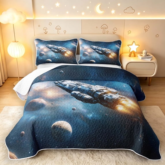Manfei Celestial Cosmic Planets Twin Quilt Set,Dreamy Spaceships Twin Coverlet Set,Blue Gold,Black Reversible,2 Pieces,1 Bedspread and 1 Pillowcase