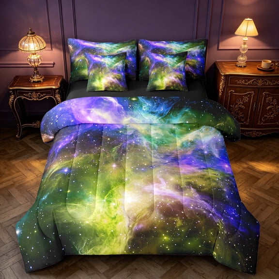 Manfei Celestial Nebula 7-Piece Twin Bedding,Glowing Stars Print Bedding Comforter Set,Purple Green,Black Reversible