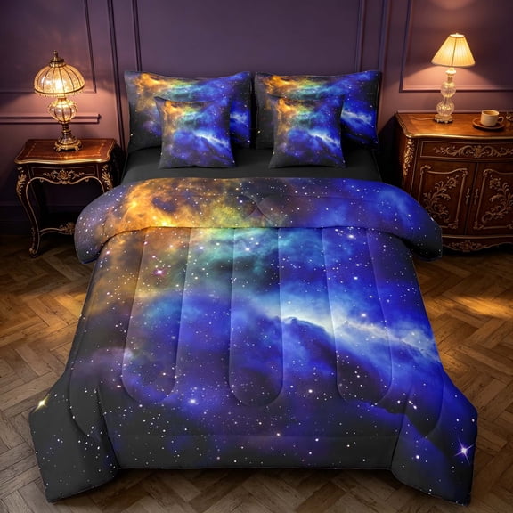 Manfei Celestial Nebula 7-Piece Twin Bedding,Sparkling Stars Print Bedding Comforter Set,Blue Orange,Black Reversible