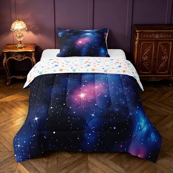 Manfei Celestial Nebula Clouds Twin Comforter Sets,Sparkling Stars Dots Print Bedding Set,Black,Colorful Stars Reversible,2-Piece,1 Comforter and 1 Pillowcase