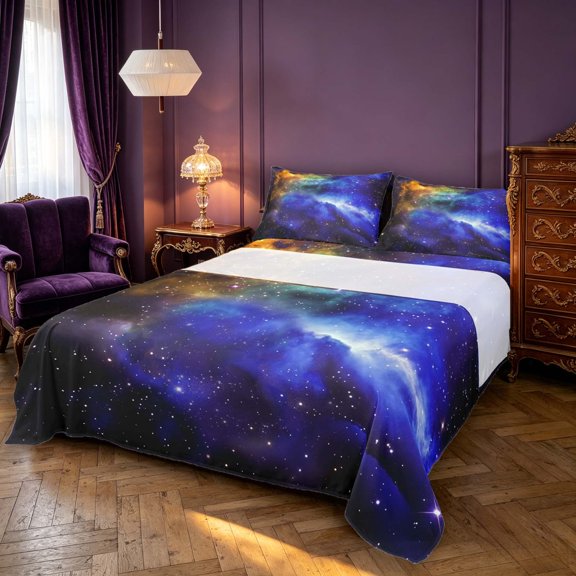 Manfei Celestial Nebula Queen Sheets,Sparkling Stars Print Queen Sheet Sets,Blue Orange,4 Pieces,1 Flat Sheet,1 Fitted Sheet and 2 Pillowcases