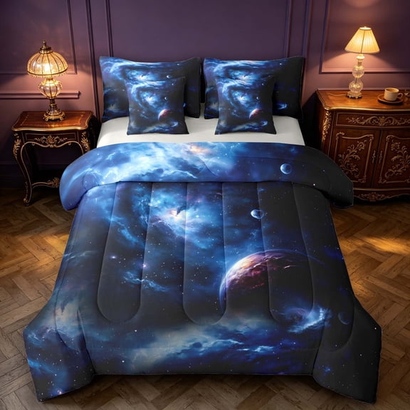 Manfei Celestial Planet 7-Piece Twin Bedding,Dreamy Swirling Blue Galaxy Bedding Comforter Set,Light Gray Reversible