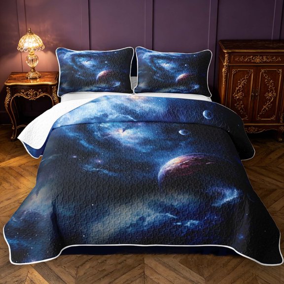 Manfei Celestial Planet Bed Spread Queen,Dreamy Swirling Blue Galaxy Queen Coverlet Set,Light Gray Reversible,3pcs,1 Quilt and 2 Pillowcases
