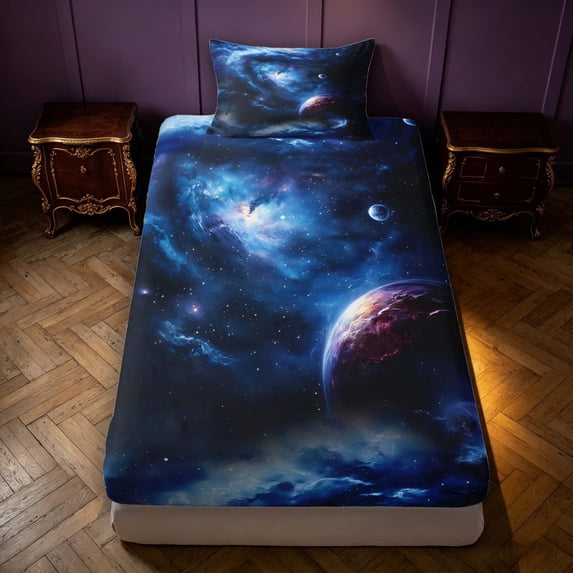 Manfei Celestial Planet Fitted Sheet Queen,Dreamy Swirling Blue Galaxy Bedding,3pcs