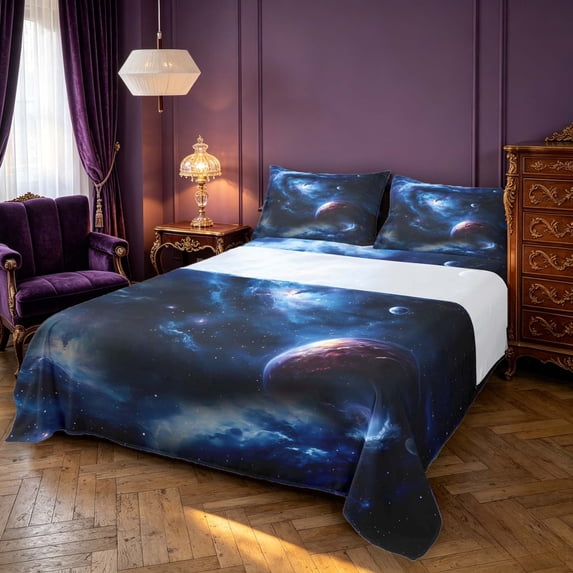 Manfei Celestial Planet King Sheets,Dreamy Swirling Blue Galaxy Bedding,4-Piece,1 Flat Sheet,1 Fitted Sheet and 2 Pillowcases