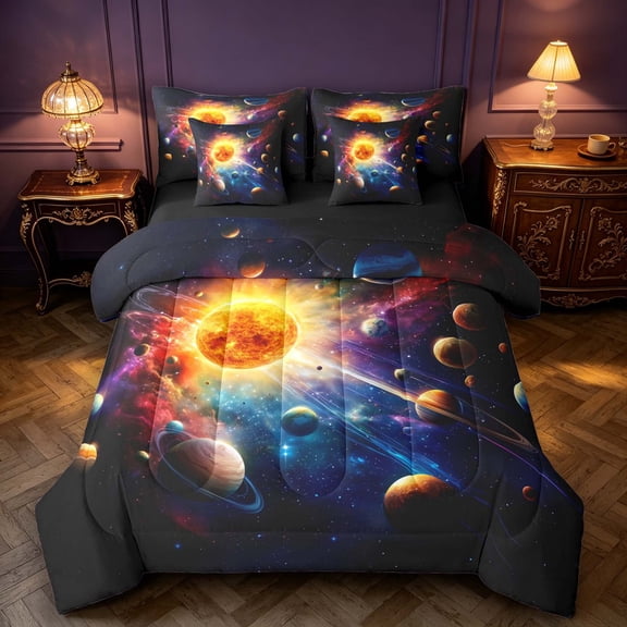 Manfei Celestial Planets 7-Piece Twin Bedding,Glowing Sun Bedding Comforter Set,Black Navy,Black Reversible