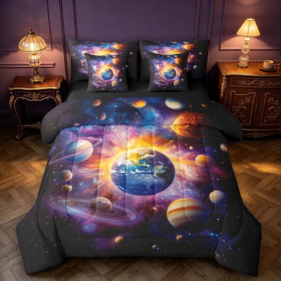 Manfei Celestial Planets 7pcs Queen Bedding,Dreamy Galaxy Theme Bedding Comforter Set Queen,Orange Purple,Black Reversible
