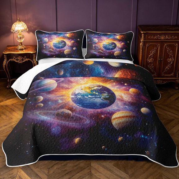 Manfei Celestial Planets Bed Spread Queen,Dreamy Galaxy Theme Queen Coverlet Set,Orange Purple,Black Reversible,3-Piece,1 Quilt and 2 Pillowcases