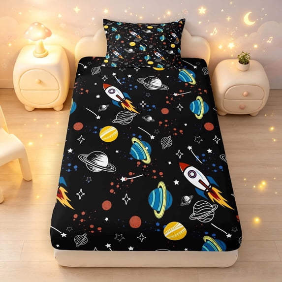 Manfei Celestial Planets Fitted Sheet Full,Cartoon Rocket Pattern Bed Set,Black,3 Pieces