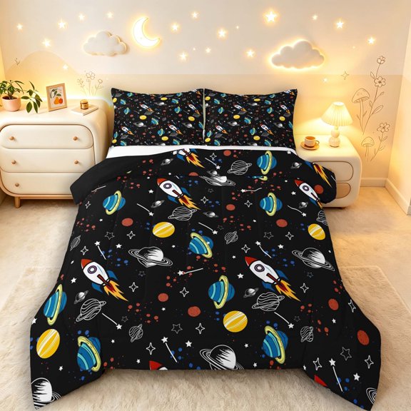 Manfei Celestial Planets Queen Comforter Set,Cartoon Rocket Pattern Comforter Sets Queen,Black,Black Reversible,3pcs,1 Comforter and 2 Pillowcases