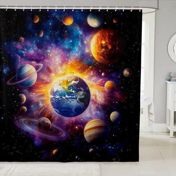 Manfei Celestial Planets Shower Curtain 72Wx84L,Dreamy Galaxy Theme Bathroom Shower Curtain,Orange Purple