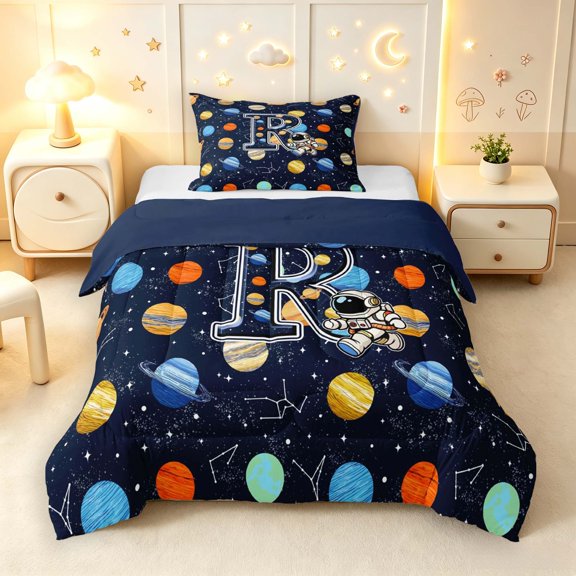 Manfei Celestial Planets Stars Twin Comforter Sets,Cartoon Astronaut Initial R Bedding Set,Navy Blue Reversible,2-Piece,1 Comforter and 1 Pillowcase