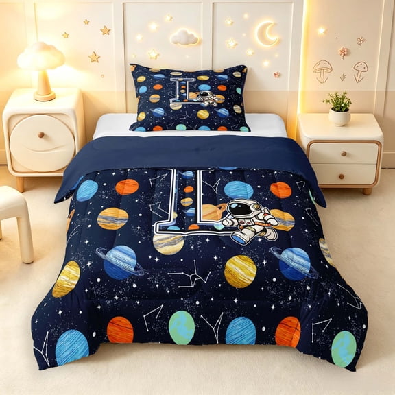 Manfei Celestial Planets Stars Twin Comforter Sets,Kawaii Astronaut Monogrammed L Bedding Set,Navy Blue Reversible,2-Piece,1 Comforter and 1 Pillowcase