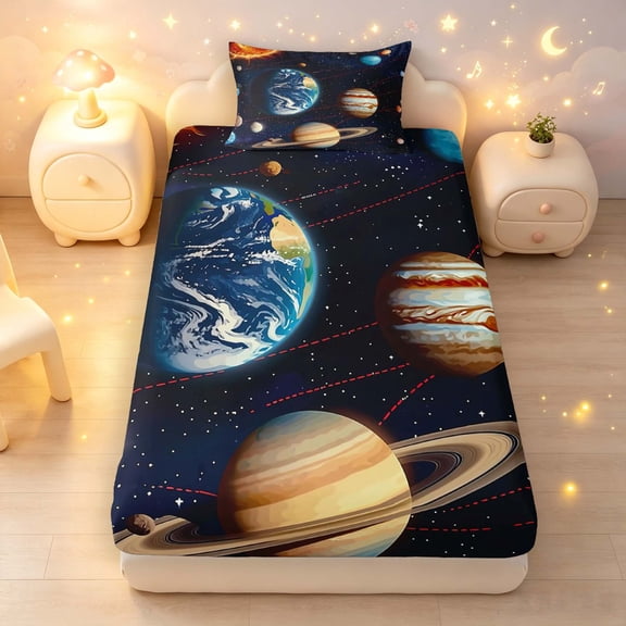 Manfei Celestial Planets Twin Fitted Sheet,Space Galaxy Bedding,Dark Blue,2pcs